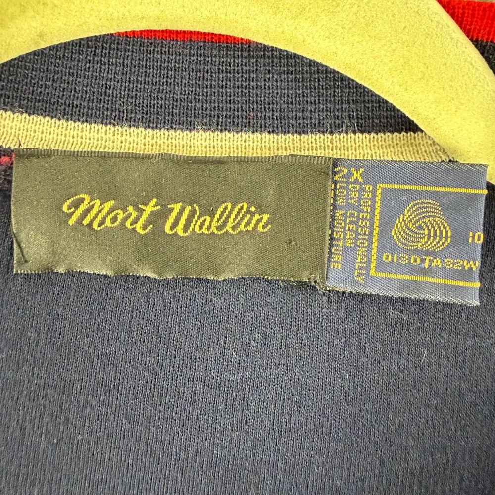 Vintage Mort Wallin Sweater Mens 2XL Navy Wool V Neck Striped Trim Holes Flawed
